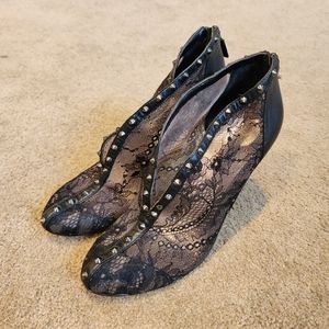 BCBGMaxAzria Lace and Stud Metallic Black Stiletto Heels